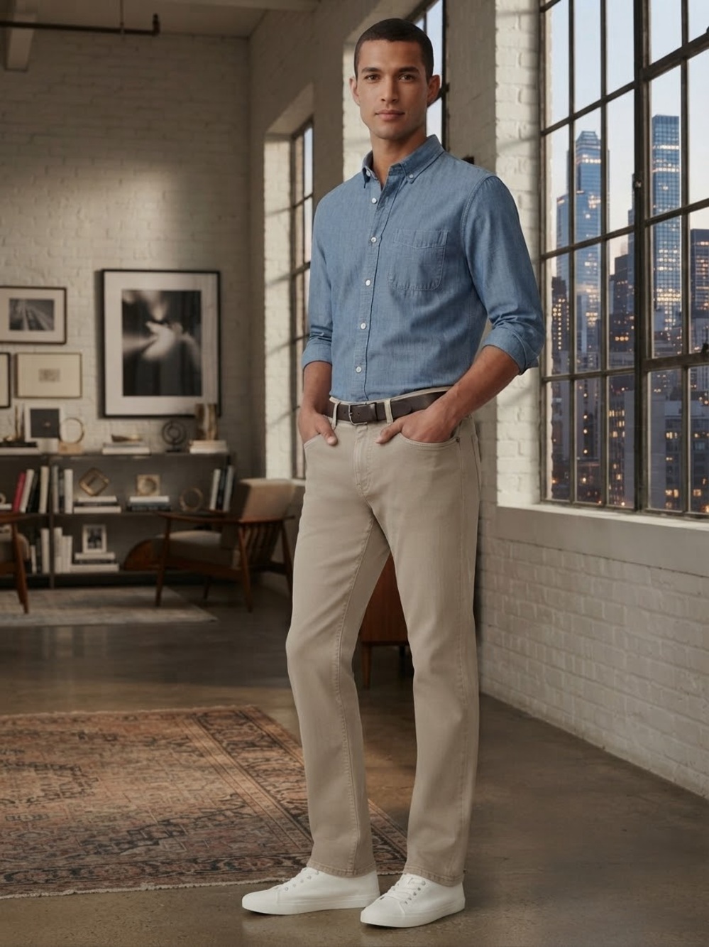 PAIGE Men's Bootcut Jeans in Light Blue Shirt & Khaki Pants